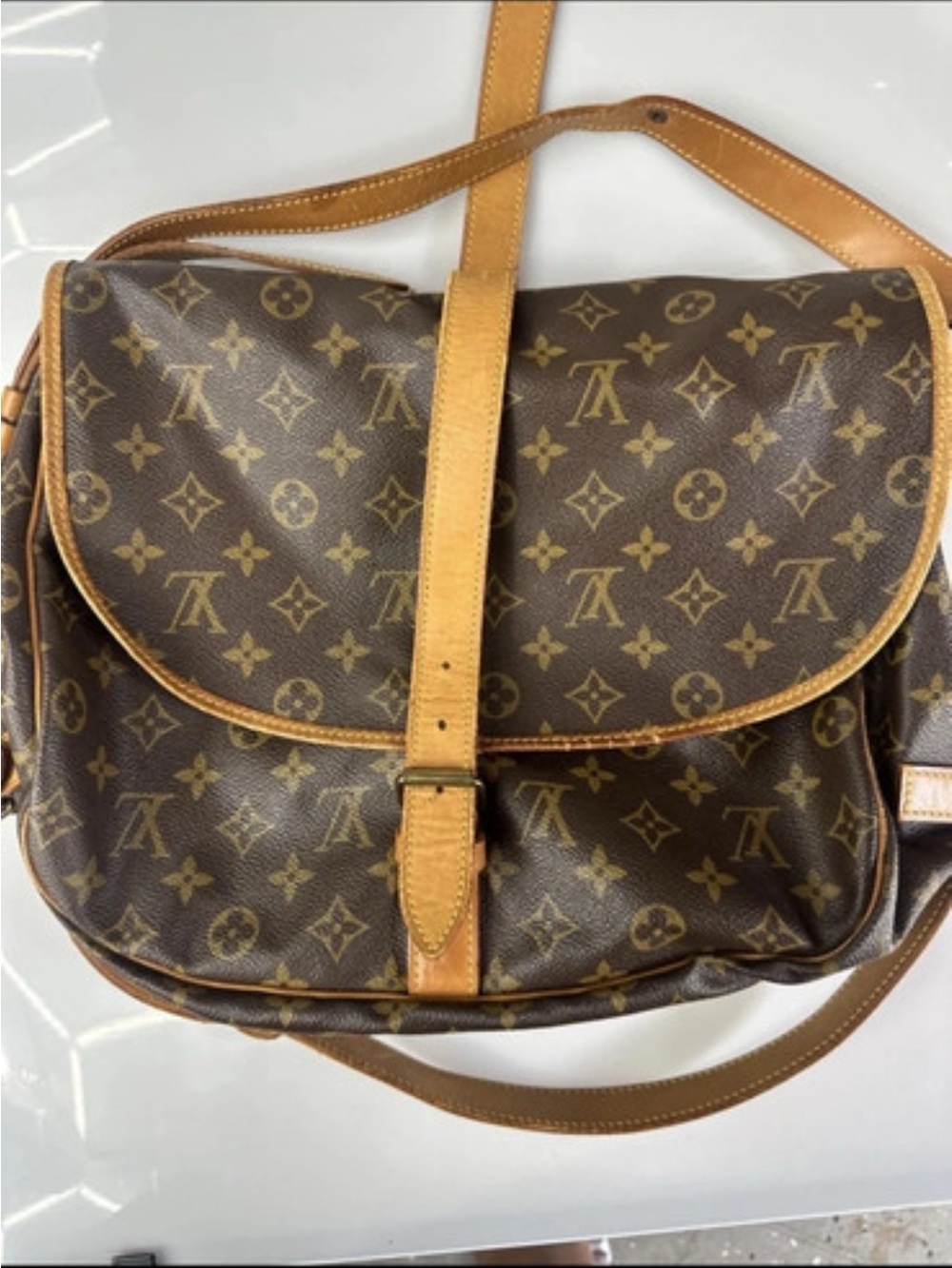 Louis Vuitton Monogram Canvas Messenger Bag with Tan Trim